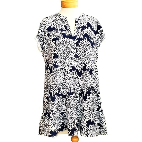THML Casual Dress Ruffle Hem V-Neck LIned Navy Blue/White Floral Fringe Accent S - Picture 1 of 6